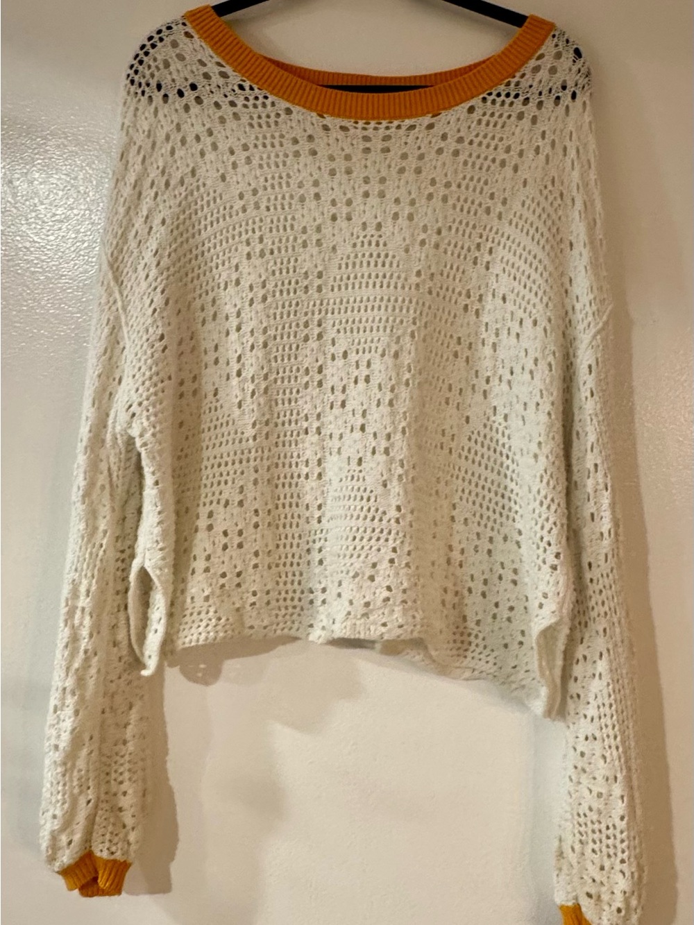 Free People White Open-Knit Sweater with Gold  Trim